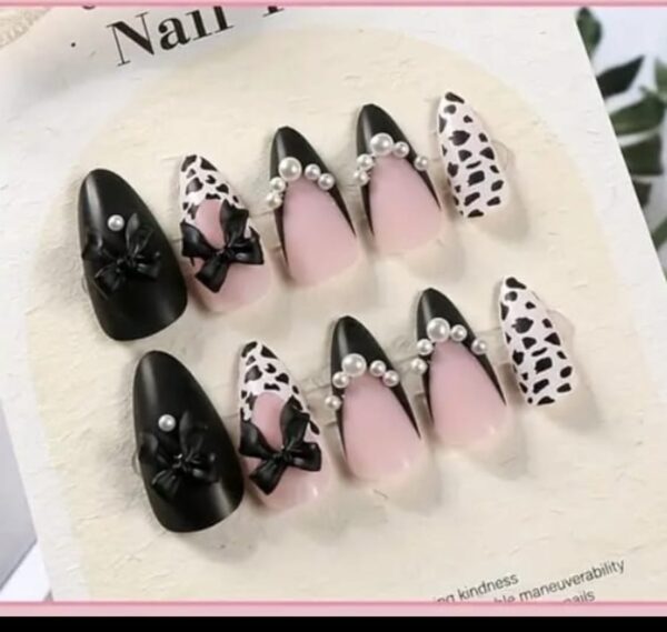Fancy Bow Black and Pink  Almond ShapePress On Nails With Application Kit