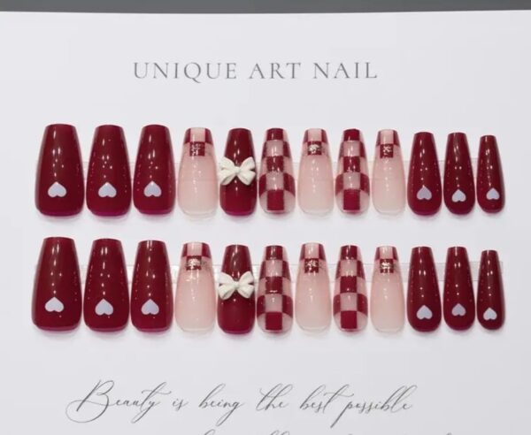 Medium Length Ballet Shape Press On Nails With Sweet Heart & Bows Design - Image 2