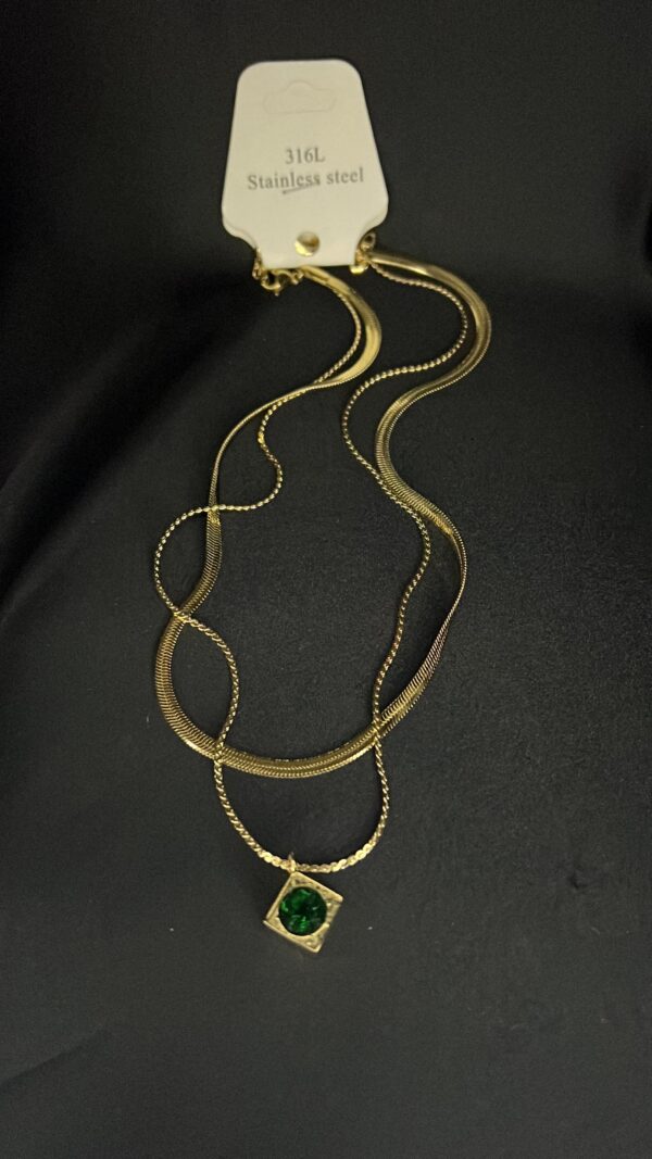 Green Stone Double Layer Snakechain Stainless Steel Pendent