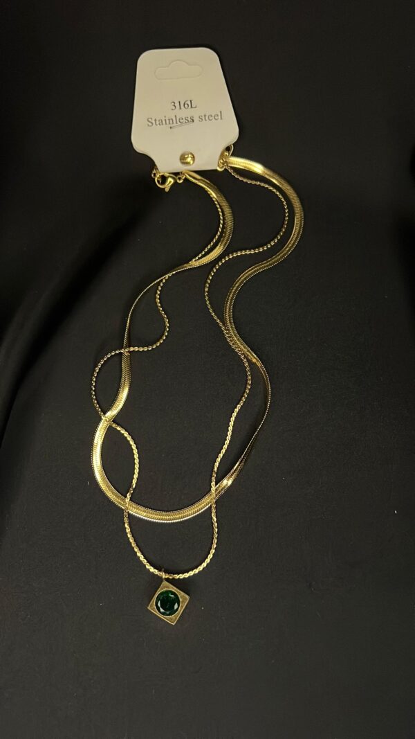 Green Stone Double Layer Snakechain Stainless Steel Pendent - Image 2