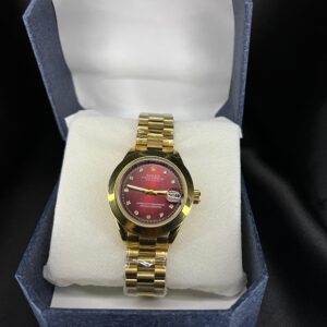 Rolex Oyester Prepetual Date Just Quality Women's Watch, Golden Color & Mehroon Dial With Stones,