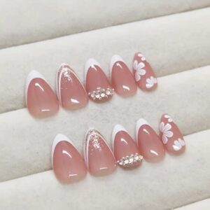 Luxury Almond Stones Pink Press On Nails