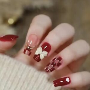 Medium Length Ballet Shape Press On Nails With Sweet Heart & Bows Design