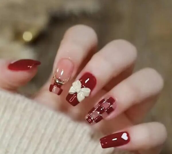 Medium Length Ballet Shape Press On Nails With Sweet Heart & Bows Design