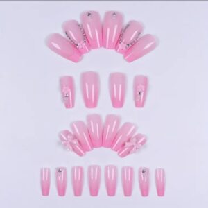 24 Pink Coffin-Shaped  Fake Nails with Pink Flowers