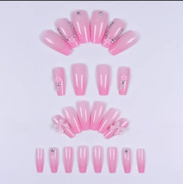 24 Pink Coffin-Shaped  Fake Nails with Pink Flowers